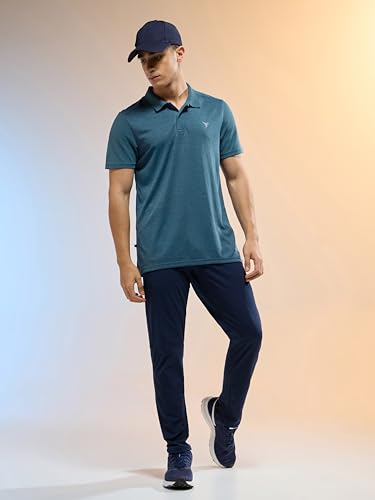 Image of TECHNOSPORT Men Polyester Self Design Polo Neck Half Sleeve T-Shirt with UPF50+, Double Cool for Gym, Sports and Regular Use