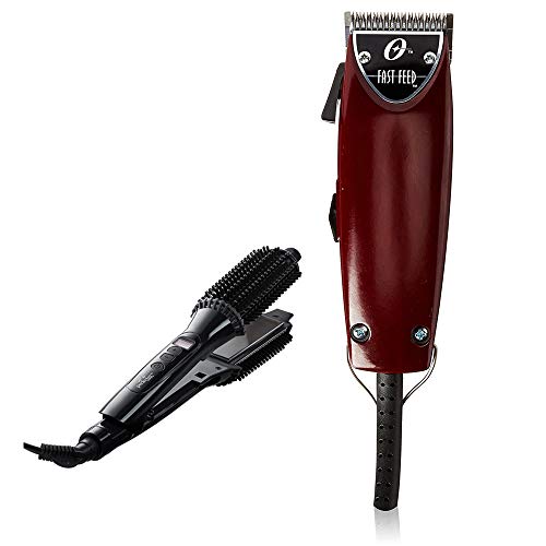 Oster 076023-510-001 Fast Feed Adjustable Pivot Motor Clipper Bundle with Perfecter Flat Iron Hair Straightener & Hot Round Brush 2-in-1 Black