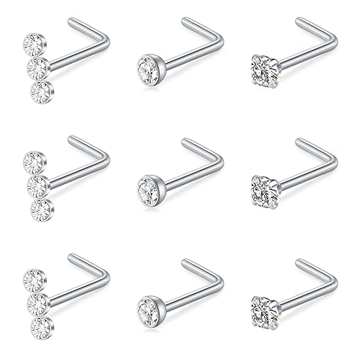 Mayhoop 20G Nose Rings Studs 316L Surgical Stainless Steel L Shape Bone Diamond Heart Corkscrew Nose Ring Nostril Piercing Jewelry For Women Men - Main Image