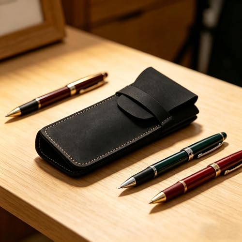 Estojo para caneta de couro sintético com orifício duplo, 3 compartimentos, estojo fino e portátil de luxo, viagem de negócios, logotipo personalizado, armazenamento de canetas, presente de escritório