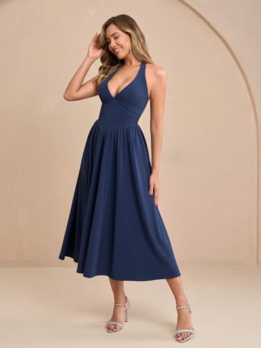 Image of Parthea Women's Gingham Halter V Neck Midi Dress Corset Smocked Sundress Flowy A Line Wedding Guest Dresses