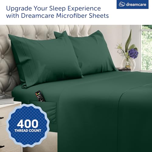 Image of DREAMCARE California King Sheet Sets - 4 pcs Breathable Cooling Sheets - up to 15 inch Deep California King Sheets with Side Pockets - Extra Soft 100% Brushed Hypoallergenic Hotel Luxury - Emerald Green