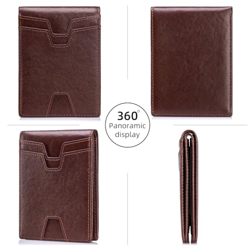 Image of Front Pocket Wallet for Men Slim Lightweight RFID Blocking Genuine Leather Bifold Thin Wallet with 10 Card Slots, Brown
