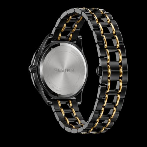 Image of Watch for men,Men's skeletonized quartz watch with black and gold two-tone stainless steel case, analog display, date display, water-resistant, luminous display, men's waterproof quartz watch. (Blue dial, black strap)