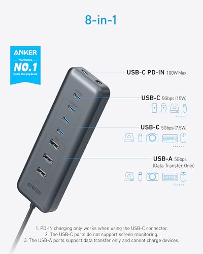 Image of Anker USB C Hub, 8-in-1 5Gbps Data Hub, USB Splitter with 3 USBA and 4 USBC Ports, 100W PD-in, 2-in-1 USB-Connector, for Laptop, MacBook, iPad and More (45W Adapter Included)