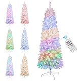 SHareconn 6ft Prelit Artificial Hinged Slim Pencil Christmas Tree, with Remote Controlled Multi-Color RGB Lights, Full Branch Tips, Perfect Choice Decoration for Xmas Holiday, 6 FT, White