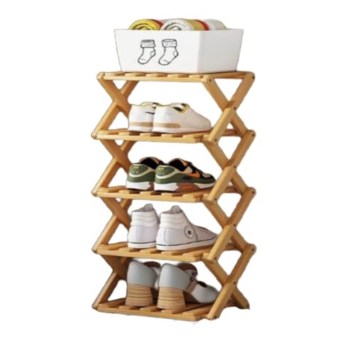 Faltbares Schuhregal aus Bambus, vertikaler schmaler Schuhhalter 5 Ebenen, hoch und platzsparend, multifunktionaler Schuhschrank für kleine Räume, Flur, Schlafzimmer, Eingangsbereich,Holzfarbe