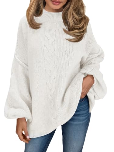 Saodimallsu Womens Oversized Cable Knit Sweater Chunky Mock Neck Long Lantern Sleeve Fall Trendy Tunic Sweaters Top