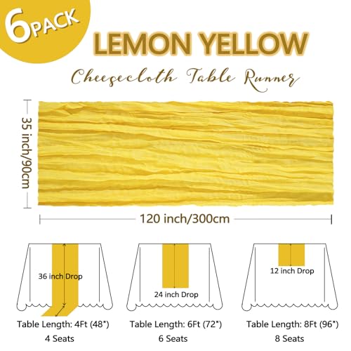 6 Pack Lemon Yellow Cheesecloth Table Runner 10Ft Gauze Cheese Cloth Table Runner 35x120 Inch Boho Sheer Rustic Fabric for Summer Party Decor Baby Shower Wedding Decorations by Heneger - Used condition - Image 2