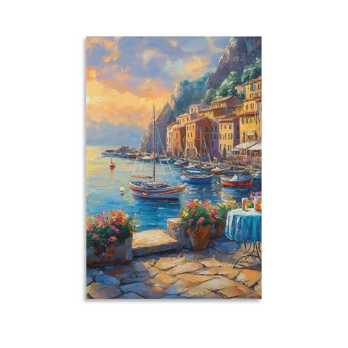 Toile coucher de soleil au port décoration murale maison peinture 50x75