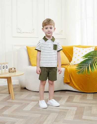 Image of Toddler Kid Boy Clothes Textured Striped Polo Collar Top Summer Shorts 2PC Summer Outfit Set