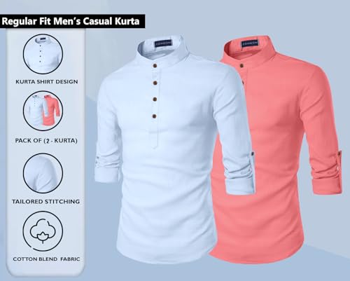 Image of Zombom Men's Combo Cotton Polyester Blend Solid Full Sleeve Straight Regular Fit Mandarin /Chinese Collor Kurta (Pack of 2)