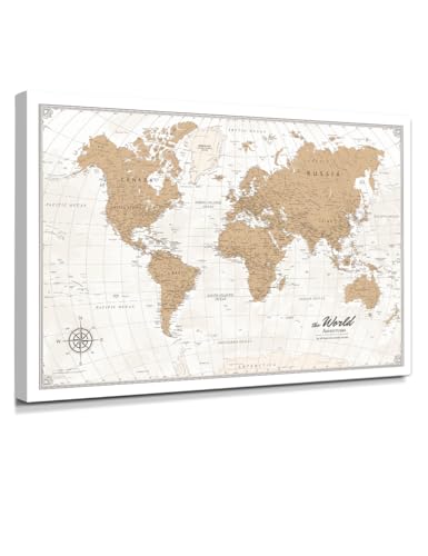 IPIC - Vintage World Map Canvas Wall Art, Oversize Travel Map Print for Home, Office, or Study, Push Pin Board Decor for Travel Lovers, Ready to Hang