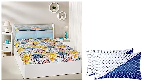 Image of Amazon Brand - Solimo Floral Splash 144 TC 100% Cotton Double Bedsheet with 2 Pillow Covers, Peach Premium Bed Pillow, Diagonal Blue and White, 43 x 69 cm