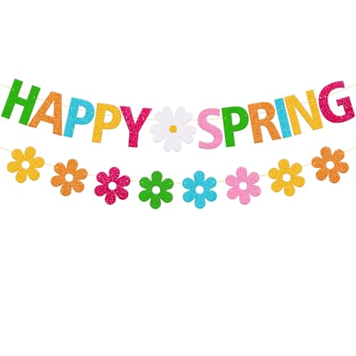 Happy Spring Banner Hello Spring Party Decorations with Flowers Garland for Kids Boy Girl Celebrate Welcome Spring Colorful Glitter Party Supplies