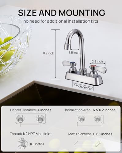 Sepaitek Leak-Free Commercial Sink Faucet 4 inch Center 2 Hole, Commercial Handwash Sink Faucet 3-1/2\" Gooseneck Deck Mount, Laundry Tub Utility rv Bar Sink, Brass - Thumbnail 6