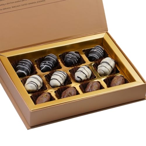 Image of NATUF Dates Chocolate Gift Box - White & Dark Chocolate Coated Dates | Luxurious Middle Eastern Treat | Premium Chocolate Dates Sweet Gift Box for Gifting & Snacking | 100% Plant-Based Healthy Snack | 12 Pcs (180g)