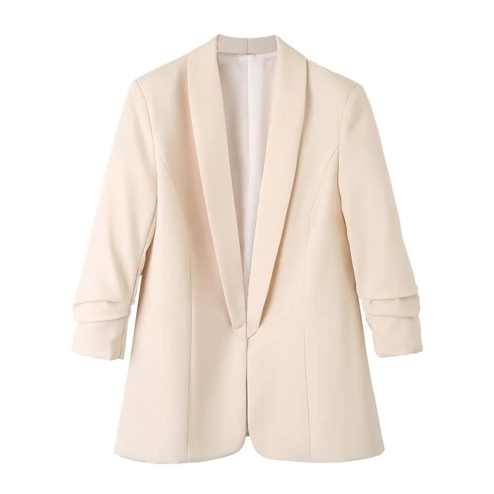 Damen Blazer Anzug,Strickjacke Mit Offener Vorderseite,3/4 Anzugsjacken Mit Gerüschten Ärmeln,Beige,Khakifarben,Einfarbig,Schalrevers,Oberteile,Mantel,Freizeitanzüge,Blazer Für Die Arbeit,Hochze