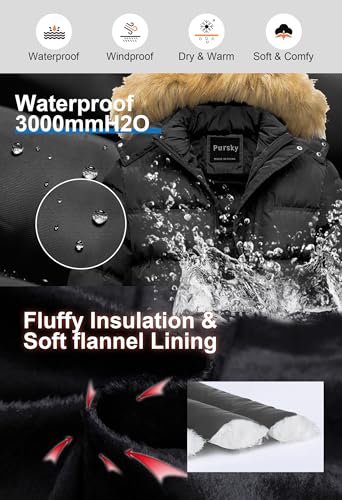Image of Pursky Men's Puffer Jacket Waterproof Winter Bubble Coats Ski Parka Fur Hooded