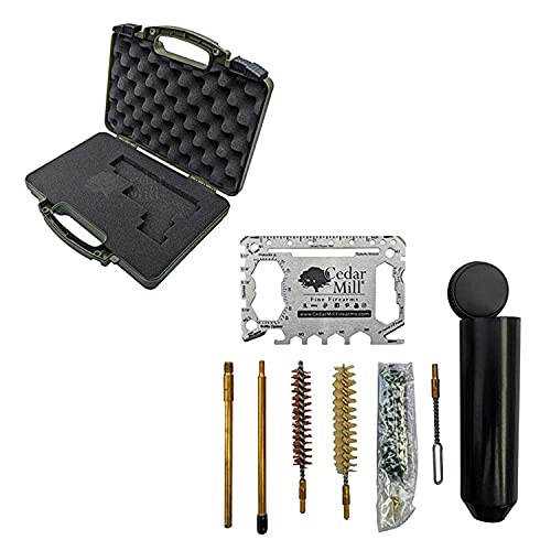 Cedar Mill Fine Firearms Pistol KIT Starter Pack | Jungle OPS Green - Hard Gun Case Pistol Case TSA Approved with Worlds Smallest Micro Pistol Cleaning Kit for Handguns | Free Super-X Tool