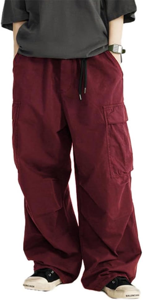 THWEI Mens Baggy Cargo Pants Casual Parachute Cargo Pants Elastic Waist Streetwear Multi Pockets
