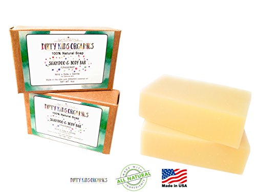2 Pack Baby & Kid Shampoo & Body Wash Bar Soap 4 Oz Long Lasting Bars | Natural & Organic Formula For Head, Face, Body & Hair | No Scents, No Colors, No Additives | Dirty Kids Organics #TOP2