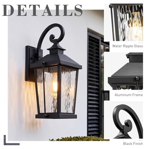 Image of zeyu 16 Inch Outdoor Wall Lighting, Modern Black Exterior 1-Light Wall Lamp for Porch Backyard, Die-Cast Aluminum with Water Ripple Glass, Black Finish, ZW105B BK-SW