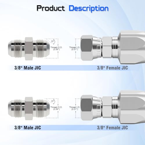 Image of 2403-06-06 Adapter Fitting 3 /8 inch Male JIC (9 /16 inch-18 thread) x 3 /8 inch Male JIC | SAE J514 Standard, Carbon Steel Flared Straight Tube Union Hydraulic Hose Connector (2 PACK)