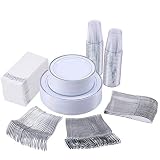350 Piece Silver Dinnerware Set 50 Guest-100 Silver Rim Plastic Plates-50 Silver Plastic Silverware-