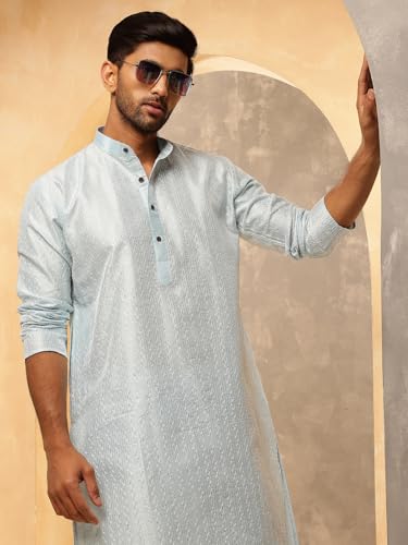 Image of SOJANYA (Since 1958 Men's Silk Blend Long Kurta with Subtle White Detailing | Traditional Ethnic Wear for Navratri