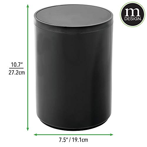 Image of mDesign Plastic Small Slim Round 1.7 Gallon /6.5 Liter Trash Can with Removable Swing Lid - Wastebasket, Garbage Container Basket Bin for Master /Guest Bathroom - Holds Rubbish /Recycle - Black