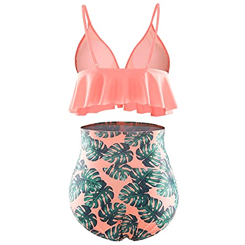 Bhome Maternity Two Pieces Bikini Set High Waisted Swimsuit Ruffle Summer Swimwear Orange With Green Leaves S #TOP26