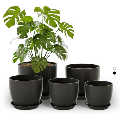 Bamworld 5 Pack Indoor Plant Pots with Saucers and Drainage Holes- Multi-Size Flower Pots for Indoor Outdoor Use Plastic Plant Pot for Home Gardening Containers (Black)