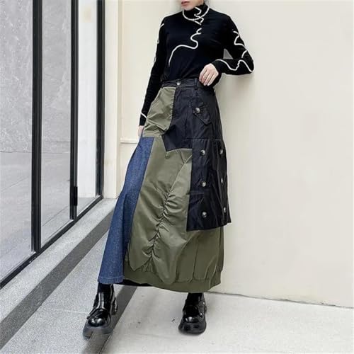 Women's Vintage Maxi Skirt Patchwork Irregular Button High-Waisted Pockets A-Line Pleats Skirts2