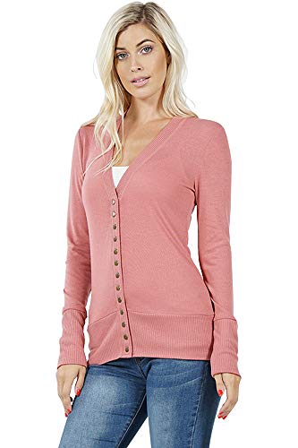 Cardigans for Women Long Sleeve Cardigan Knit Snap Button Sweater Regular & Plus - Ash Rose (1X)