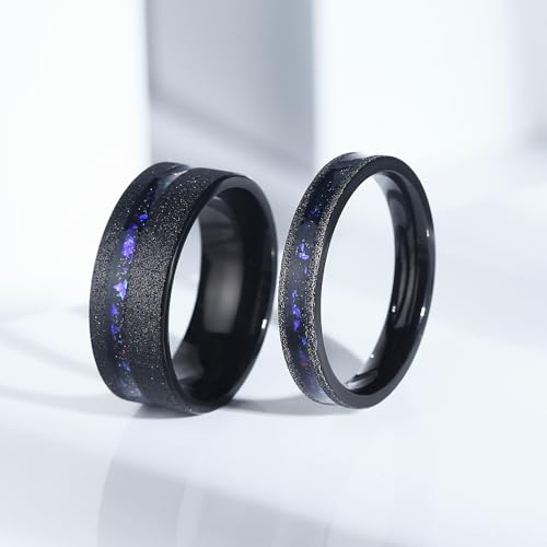 Personalized His and Hers Wedding Bands, Blue Sandstone Black Matching Rings, Galaxy Nebula Wedding Ring Set, Custom Engraved Promise Rings for Couples4