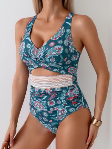 Image of B2prity Women's One Piece Swimsuit Tummy Control High Waisted Bathing Suit | Color Block,Removable Soft Cups,Cutout,V neck,Full Coverage,Adjustable Criss Cross Straps,Tie Back