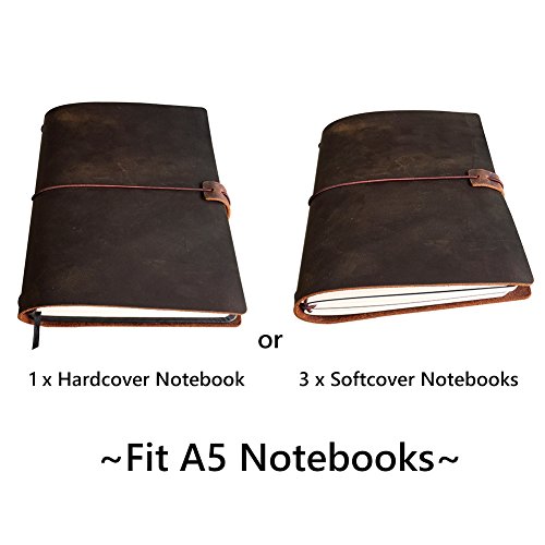 A5 Travelers Notebook Cover, Genuine Leather Notebook Cover for 5x8 Travel Journals Softcover & Hardcover, Elastic Hold & Closure, Brown