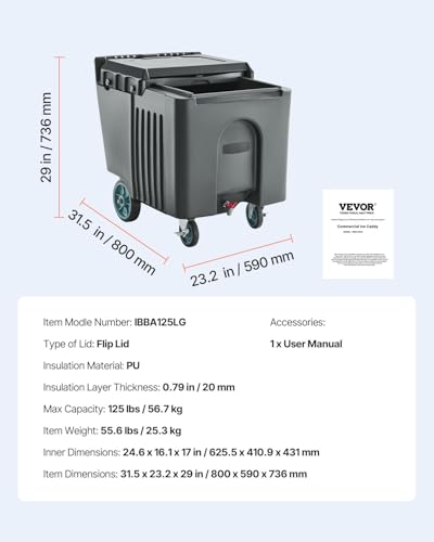 Image of VEVOR Commercial Ice Bin, 125 lbs Portable Ice Caddy, Insulated Ice Carrier with 4 Wheels and Flip Lid, Large Ice Bin for Catering, Kitchens, Bistros, Restaurants, and Bars