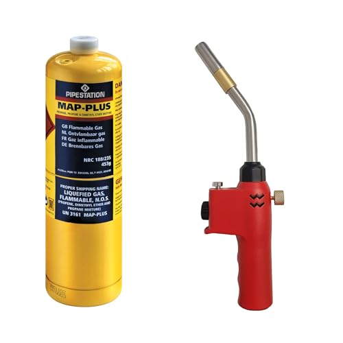 Pipestation PT9000 Blow Torch Kit and 1x Mapp+ Gas Cylinder | Blowtorch & Map Gas Canister | Map Pro Canisters for Soldering Brazing Thawing Heat Treatment | Gas Blow Torch Plus Gas Map+ Gas Included