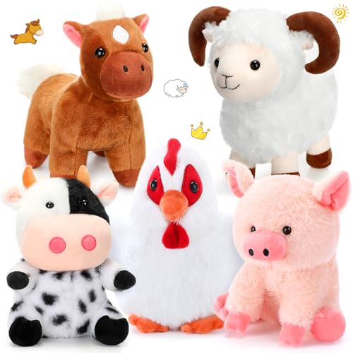 Skylety 5 Pack Farm Plush Animals Set 10 Inches Plush Farm Stuffed Animals Barnyard Soft Pig Rooster Horse Sheep Cow Stuffed Toy for Birthday Party...