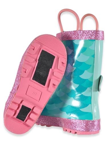Girls Rain Boots for Toddlers - Waterproof Rubber Rainboots with Easy-On Handles (3D Mermaid Tail, Size 10)4
