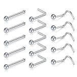 Crdifu 15pcs Stainless Steel Nose Screw Stud Nose Bone L Shape 18G / 20 Gauge Silver with Ball End Flat Back Nostril Piercing Jewellery