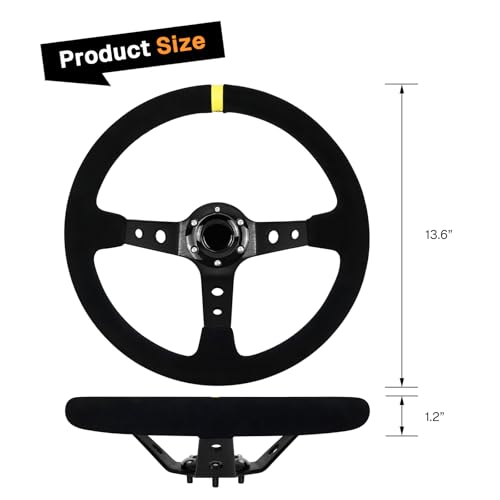 VOONKE 13.6\" Universal Suede Steering Wheel Deep Dish Racing Steering Wheel 6 Bolts with Horn Button for Race/Rally/Motorsport/Car Sim Driving,Yellow Positioning Line