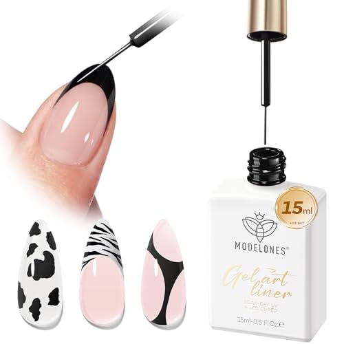 Image of modelones Black French Tip Liner Gel Polish 15ml Built-in Fine Brush | Classic All Black Nail Art Gel Paint Swirl Fine Line Design Easy Draw Long Lasting Soak Off U V Cure DIY Home Salon Manicure