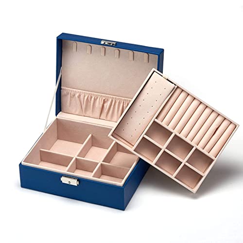 Boîte de rangement de bijoux à 2 couches verrouillable en simili cuir bleu