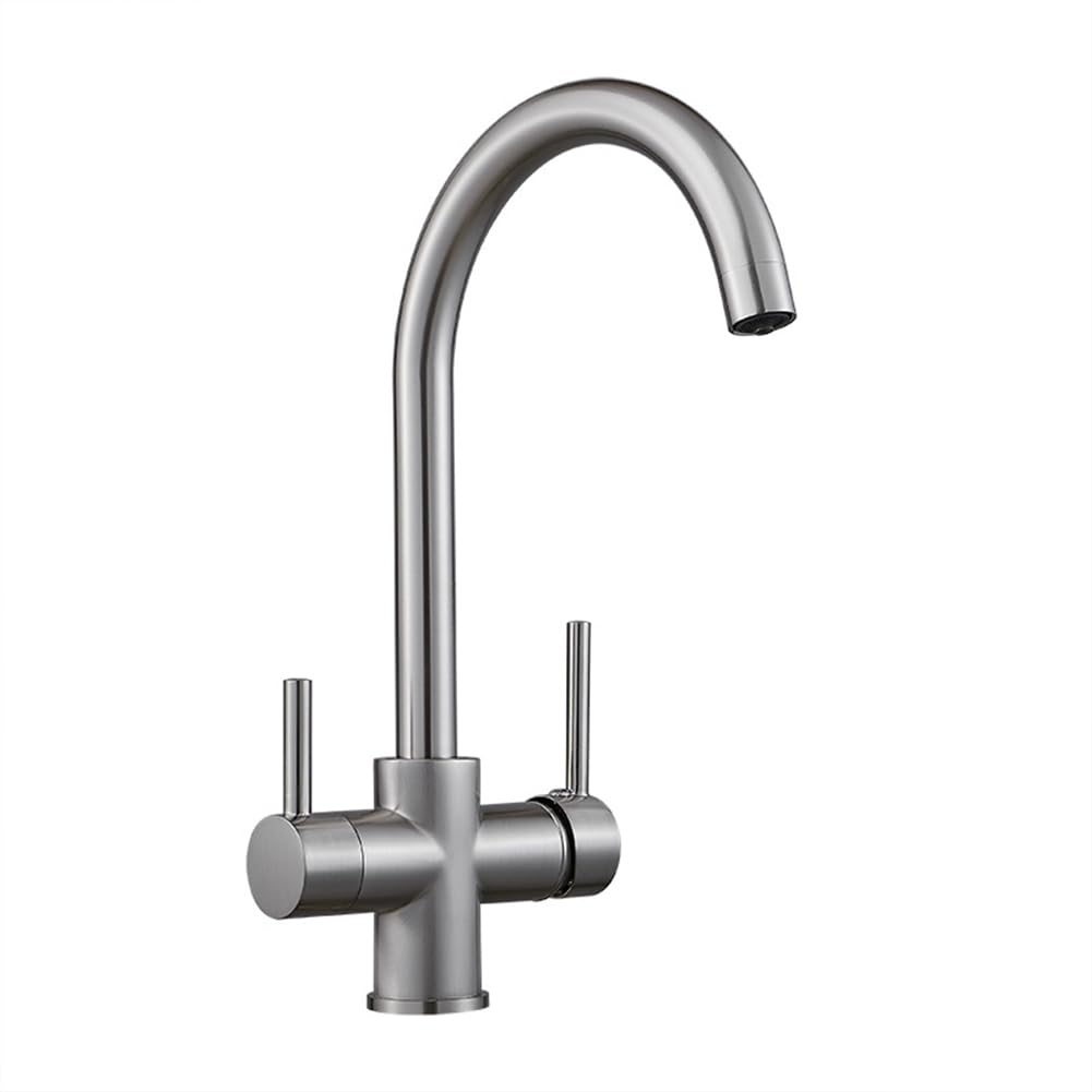 BHFPFZA High Arc 3-Way Water Filter Kitchen Tap - Brass Dual Lever 360° Swivel Mixer Faucet for Drinking Water Commercial Kitchen Sink Brushed h 1 Hole Installat