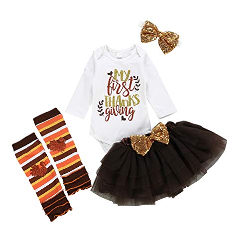 Image of Xfglck Newborn Baby Girl My 1st Thanksgiving Skirt Outfit Letter Print Romper Tutu Skirt Headband Infant Turkey Set