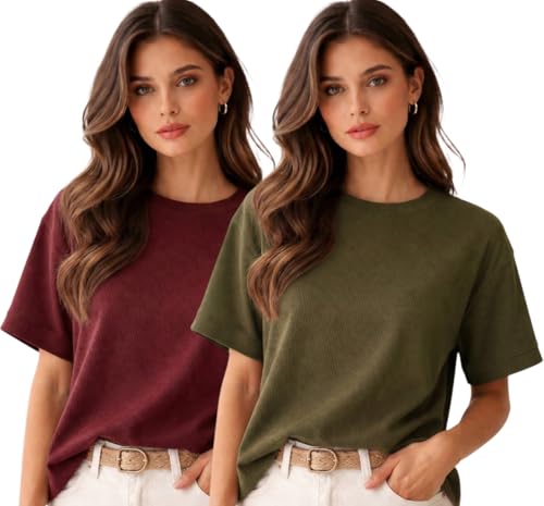 DIS INVENT Women's Polycotton Half Sleeve Round Neck Oversized Solid Combo T-Shirts (Maroon, Olive; S) Deal
