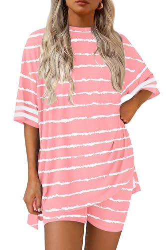 Image of Ekouaer Womens Pajamas Casual 2 Piece Short Sleeve Biker Shorts Lounge Set